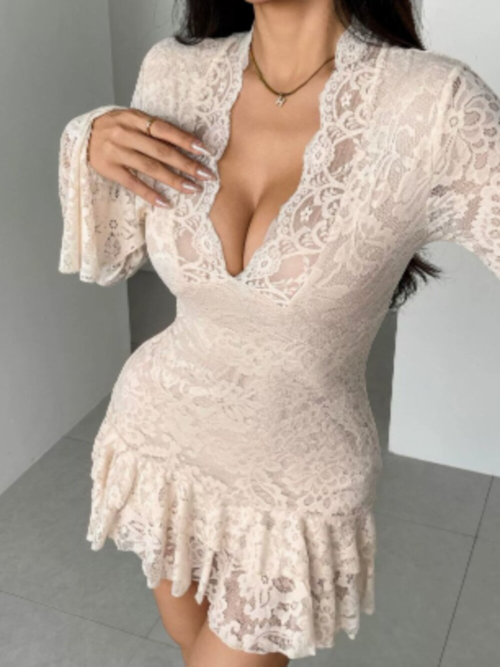 Cream Deep V Lace Mini Dress Flare Long Sleeve Ruffle Hem Bodycon Party Dress